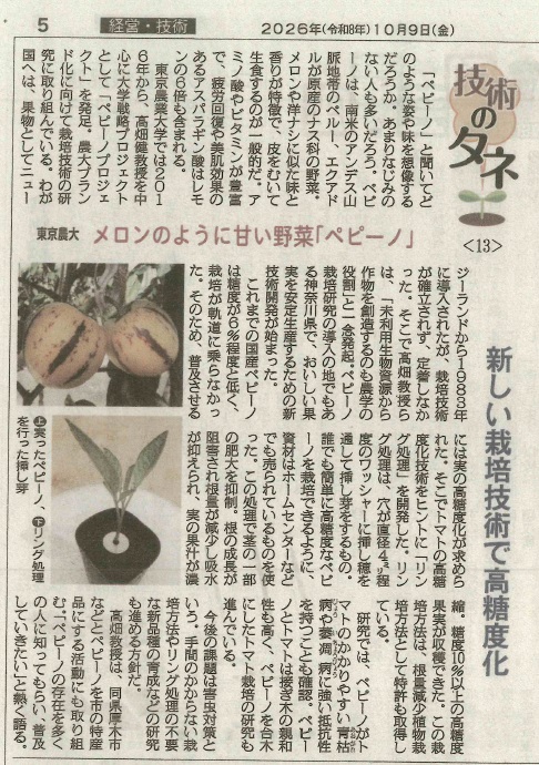 【全国農業新聞】　10月9日　ペピーノの記事が掲載されました